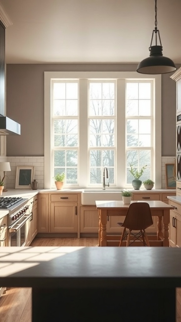 A contemporary farmhouse kitchen with large windows allowing natural light to fill the space.