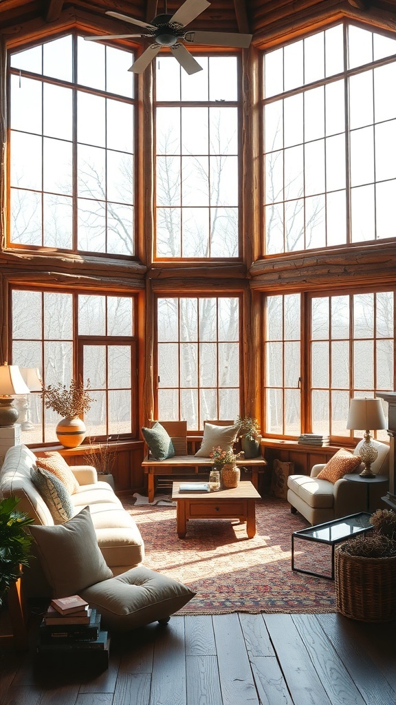 Bright living room with large windows and cozy furniture