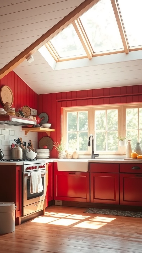 Bright red farmhouse kitchen with natural light streaming through windows