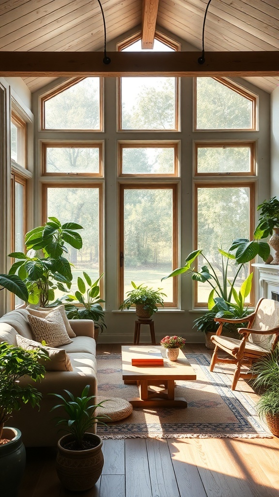 Cozy farmhouse living room with large windows and plants.