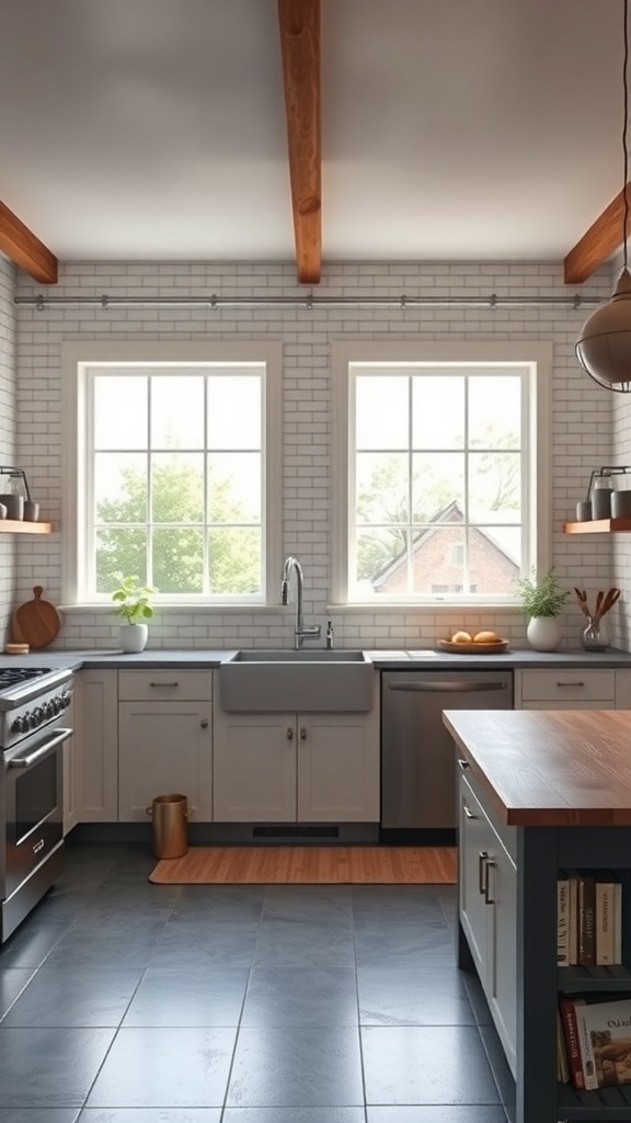A bright industrial farmhouse kitchen with large windows letting in natural light.