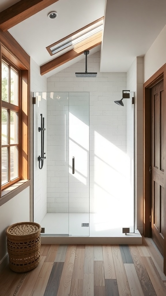 A rustic walk-in shower with natural light coming through large windows and a skylight.