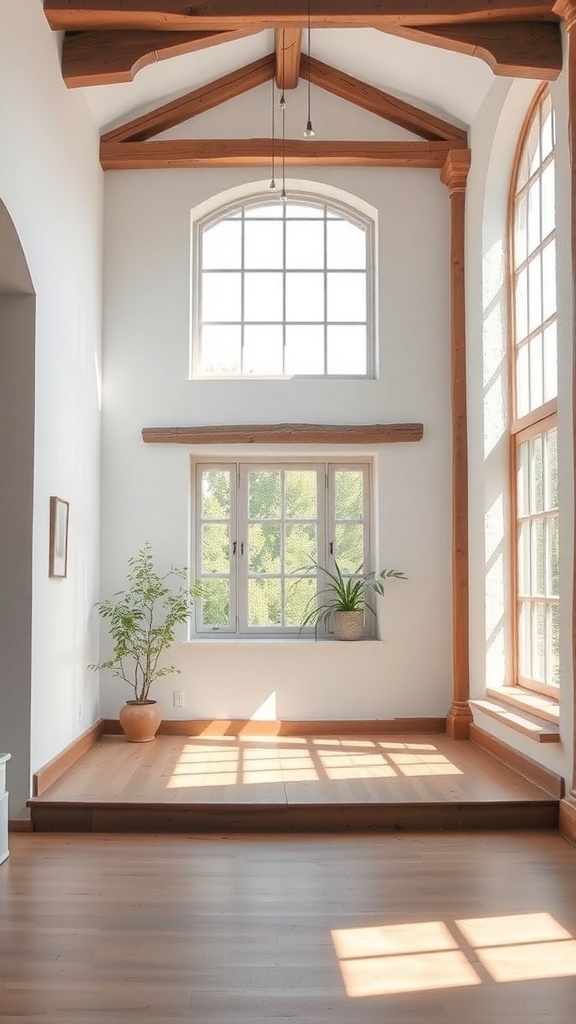 A bright room with tall windows, wooden beams, and a cozy plant arrangement.