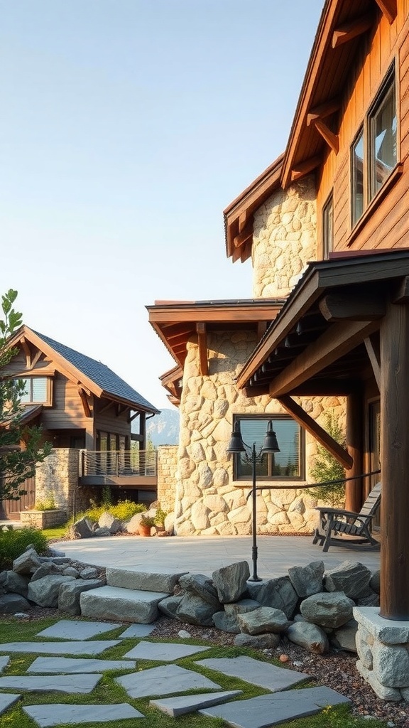 A rustic house with wooden and stone elements, showcasing natural material usage.