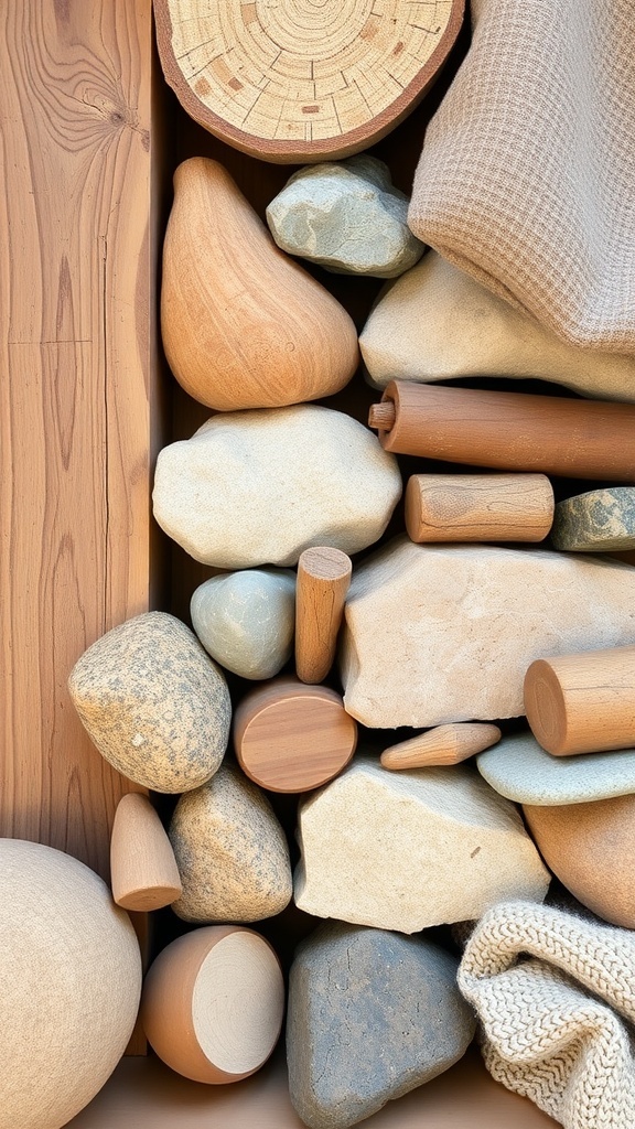 A collection of natural materials including stones, wood pieces, and fabric textures.