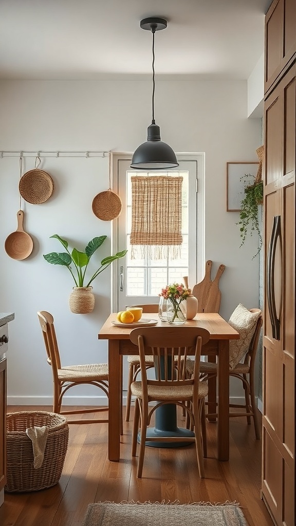 Cozy kitchen nook with wooden furniture, woven baskets, and plants.