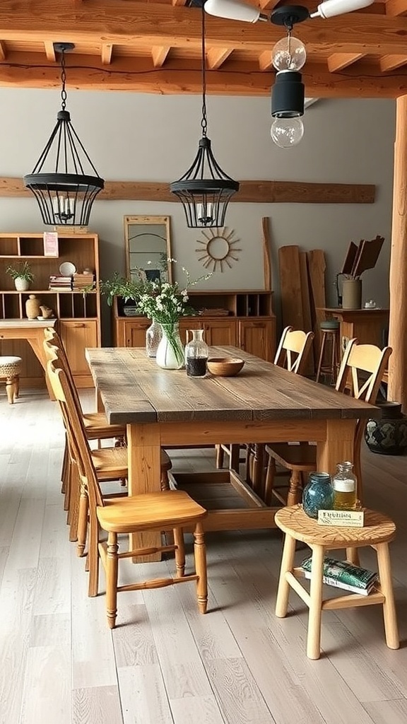 A modern farmhouse dining area featuring a wooden table and chairs, with natural light and rustic decor.