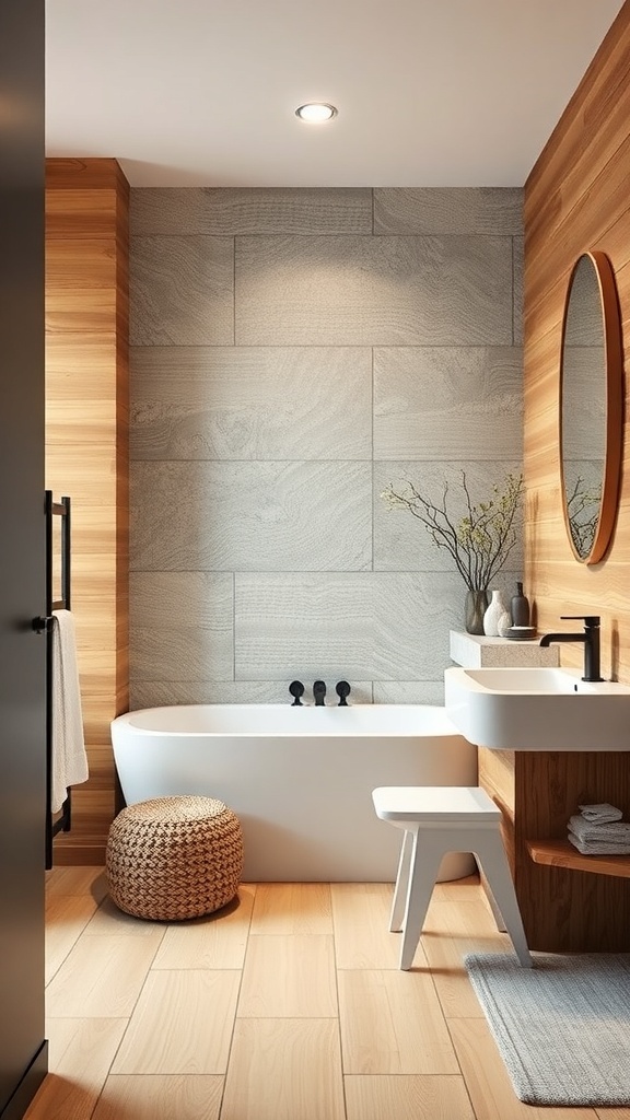 A modern bathroom featuring natural materials like wood and stone, with a freestanding bathtub and minimalist decor.