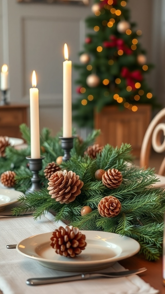 A festive table setting featuring pine cone centerpieces, candles, and a decorated Christmas tree in the background.