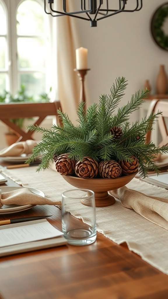 A wooden bowl filled with pinecones and greenery, placed on a dining table.