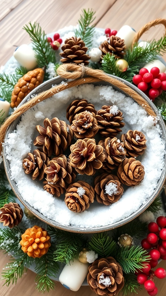 A decorative bowl filled with pinecones surrounded by greenery and festive accents.
