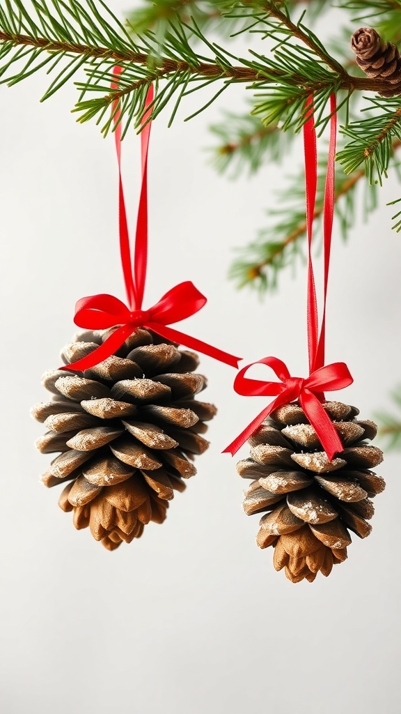 Two decorated pinecone ornaments hanging from a tree branch with red ribbons.