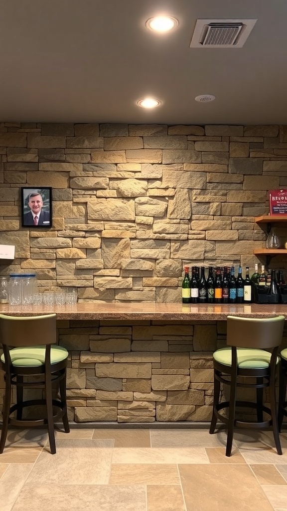 Natural stone accent wall in a rustic basement bar with seating and drinks.