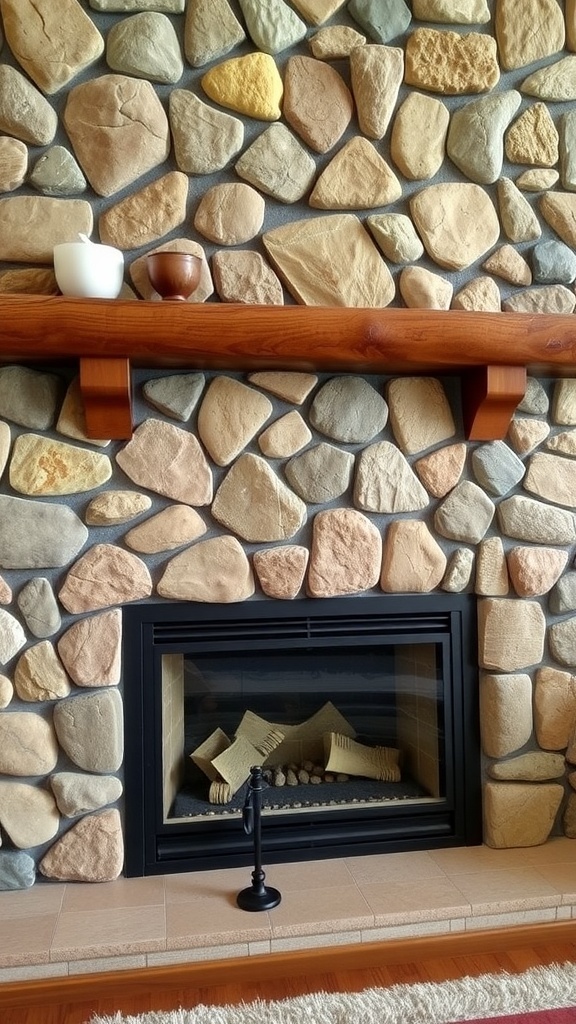 A rustic fireplace mantel made of natural stones in various colors.
