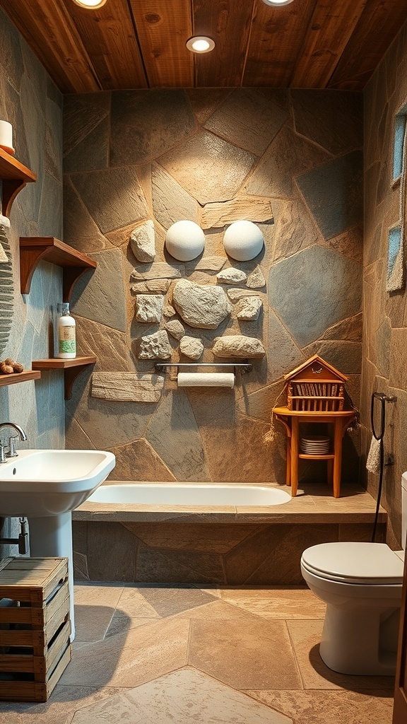 A rustic bathroom with natural stone accents and wooden shelves.