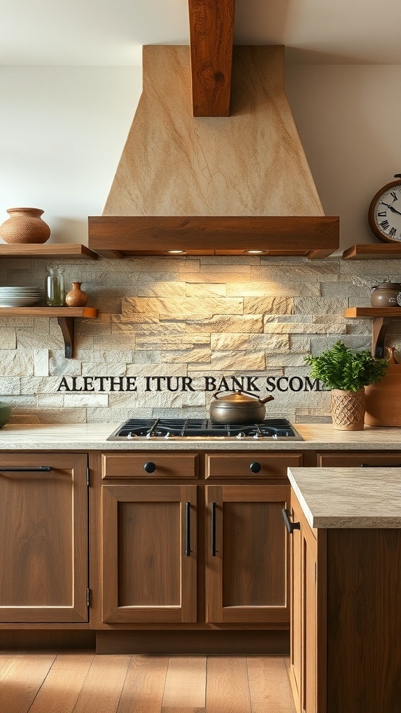 Natural stone backsplash in a modern rustic kitchen with wooden cabinets and shelves.
