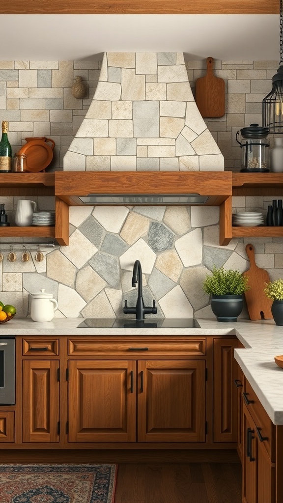 A rustic farmhouse kitchen with a natural stone backsplash, wooden cabinets, and a modern sink.