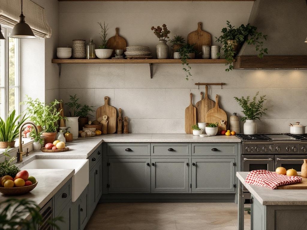 A cozy cottage kitchen featuring natural stone countertops, blue cabinetry, wooden shelves with plants, and various kitchen items.