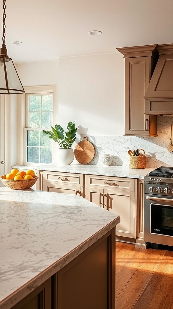 A cozy cottage farmhouse kitchen featuring natural stone countertops and warm wood cabinetry.
