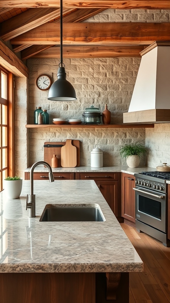 A rustic modern kitchen featuring natural stone countertops with wooden cabinets and shelves.