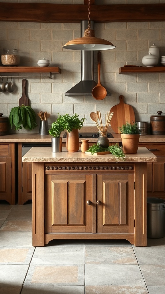 Rustic kitchen island with natural stone countertop and wooden cabinets.