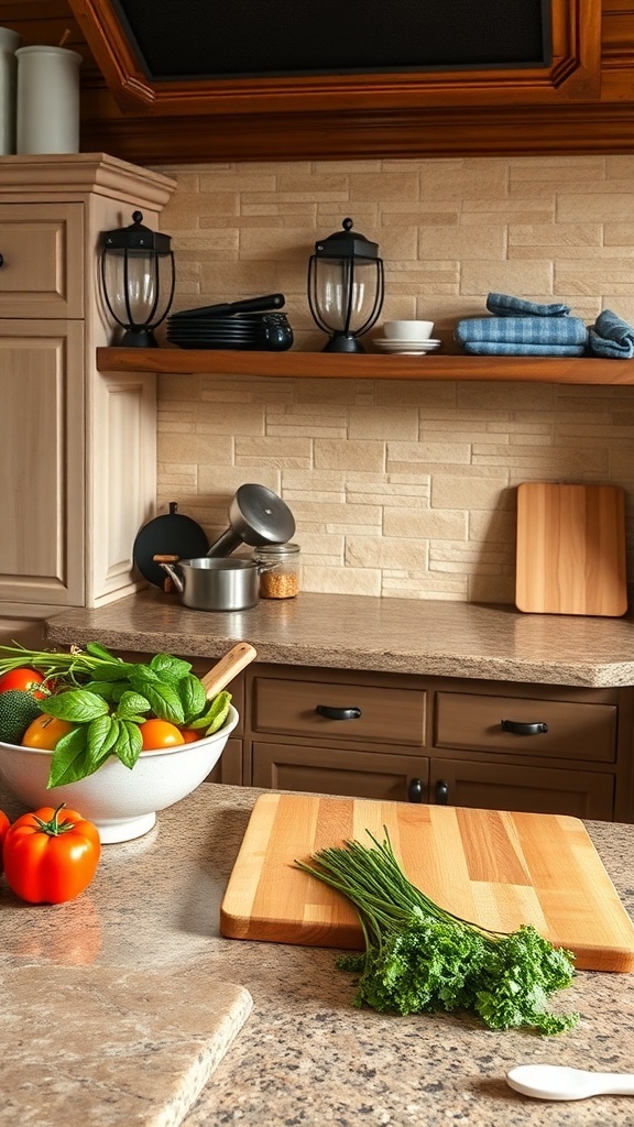 A rustic kitchen with natural stone countertops, featuring fresh vegetables and herbs on a cutting board.