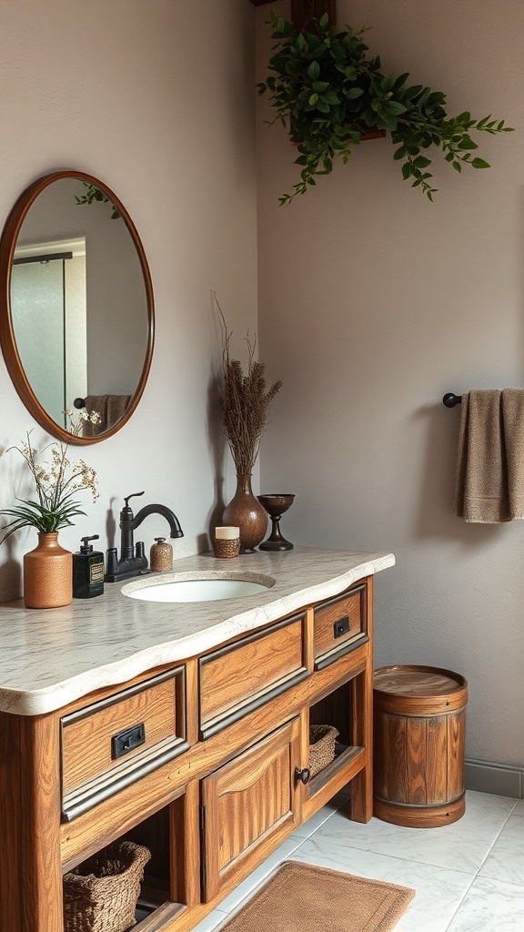 A rustic bathroom vanity with a natural stone countertop.