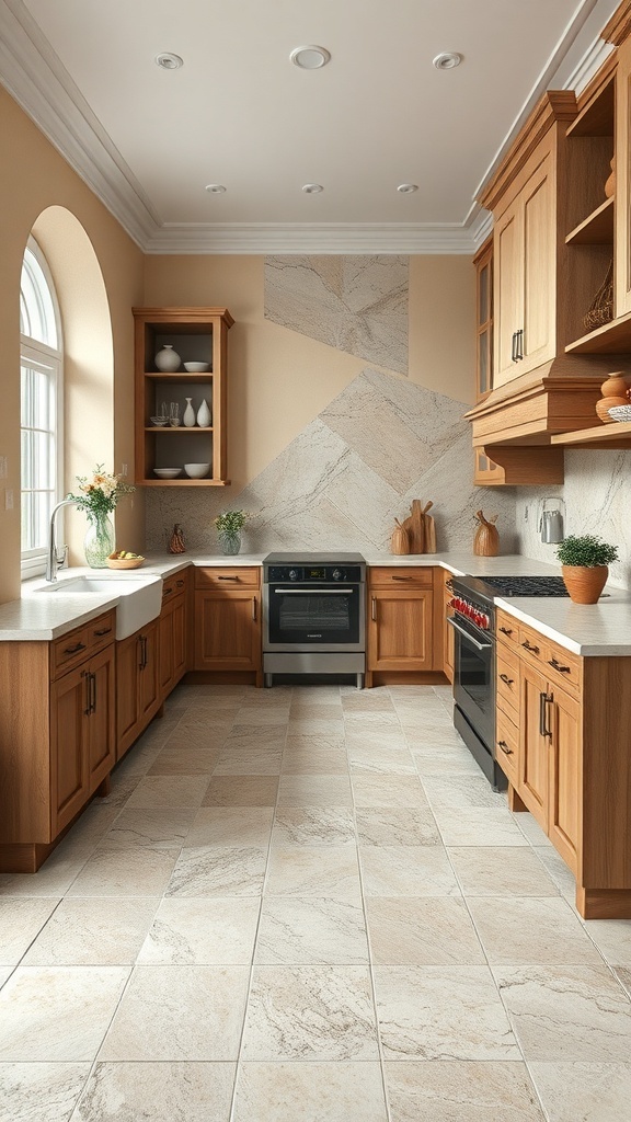A kitchen featuring natural stone tiles, wooden cabinets, and modern appliances.