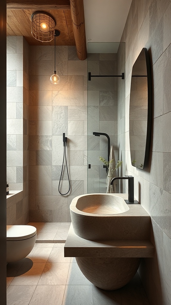 A modern rustic bathroom featuring natural stone elements, including a round stone sink and textured wall tiles.