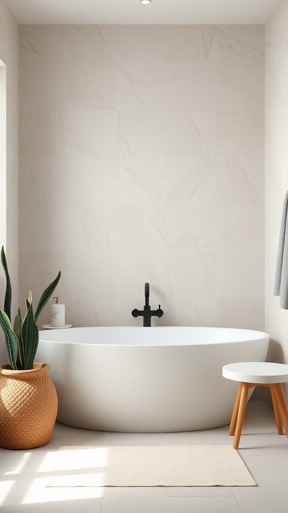 A modern farmhouse bathroom featuring a round white bathtub, natural stone walls, and a potted plant.