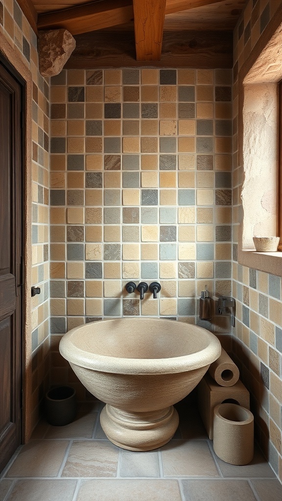 A rustic bathroom featuring a natural stone sink and tiled walls.