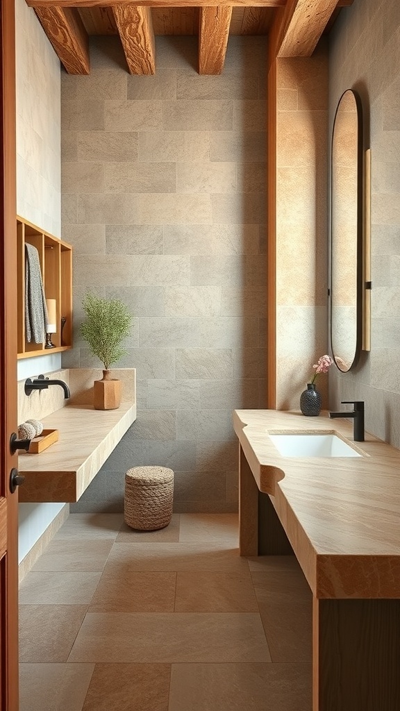 A modern farmhouse bathroom featuring natural stone elements and wooden accents.
