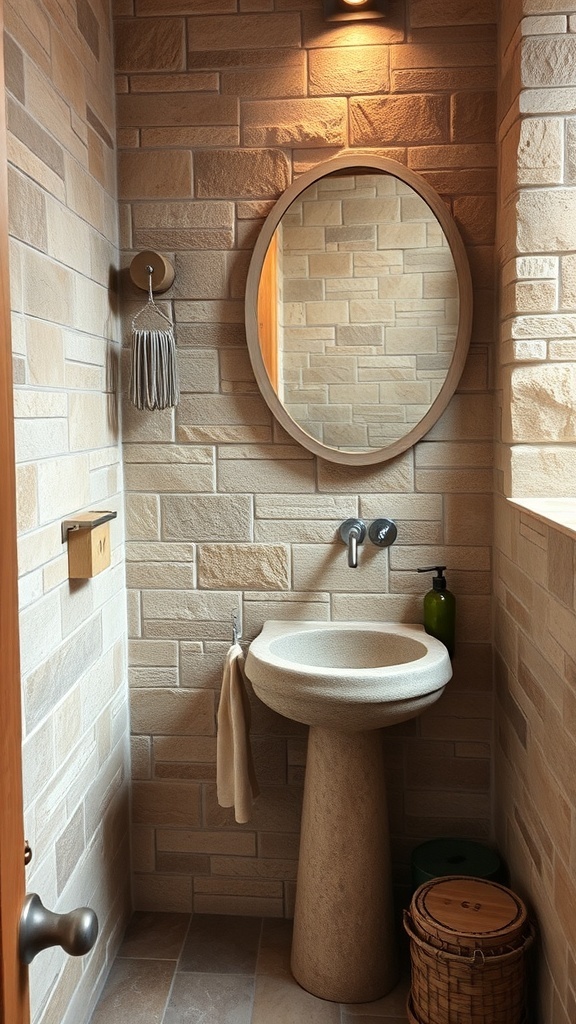 A rustic boho bathroom featuring natural stone walls, a round mirror, and a unique stone sink.