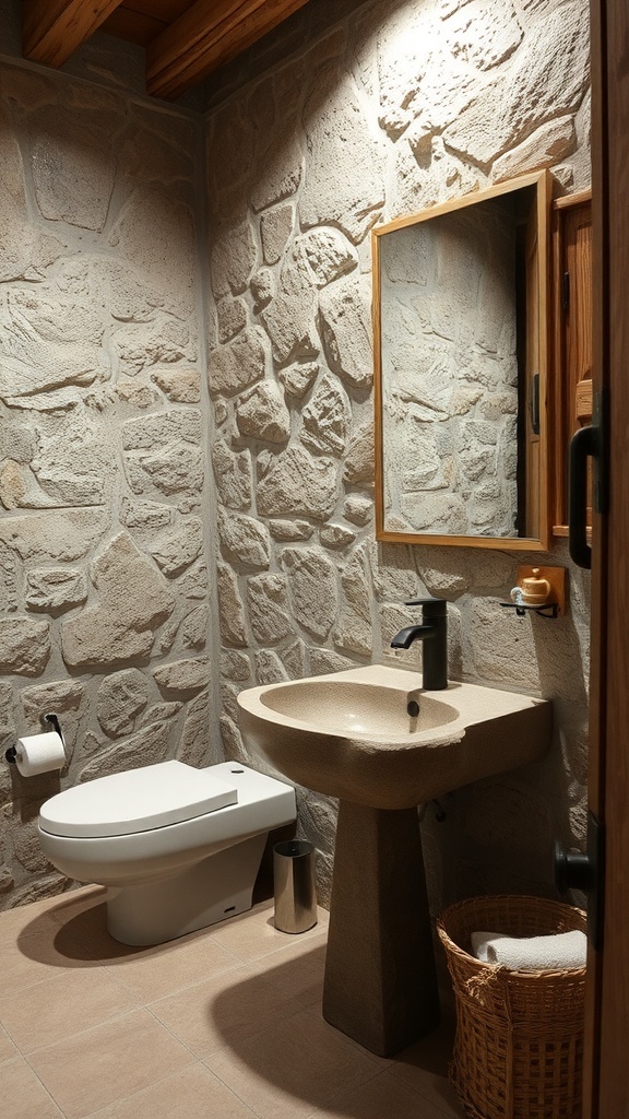 A rustic bathroom featuring natural stone walls, a unique stone sink, and wooden accents.