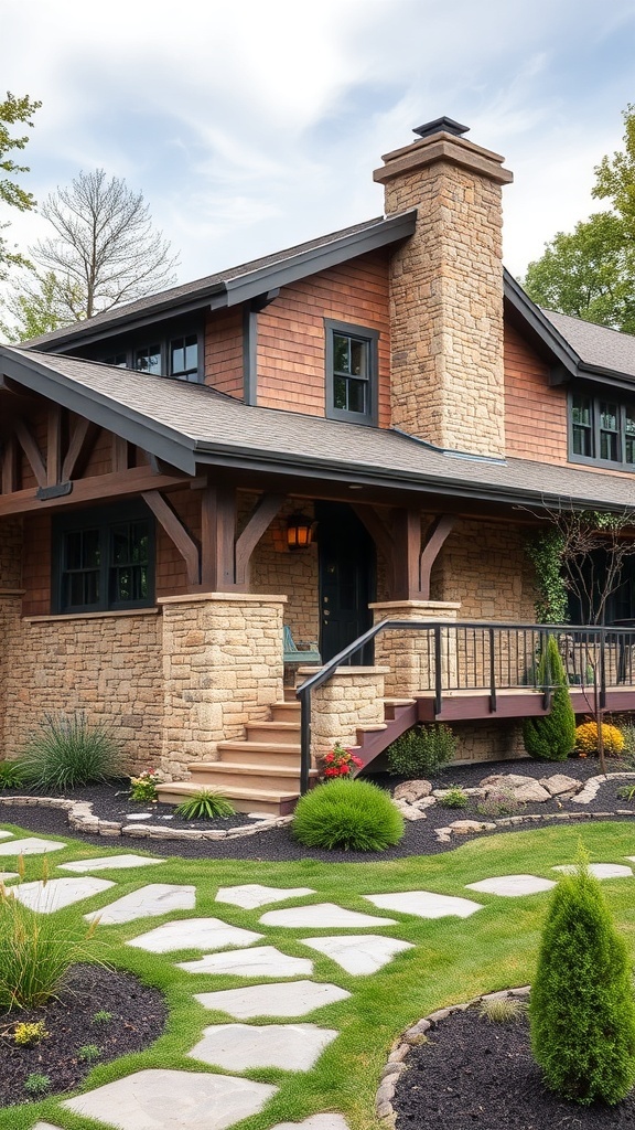 Rustic modern farmhouse exterior featuring natural stone elements.
