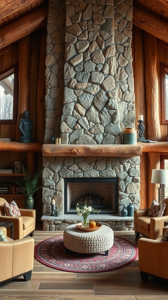 A cozy living room featuring a natural stone fireplace, wooden accents, and comfortable seating.