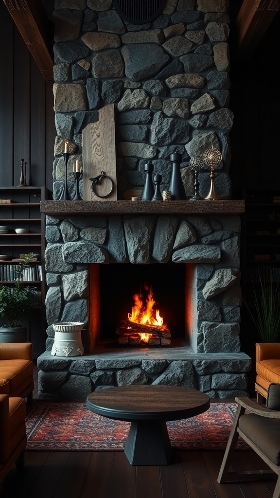 A natural stone fireplace with a roaring fire, surrounded by rustic decor in a dark living room.