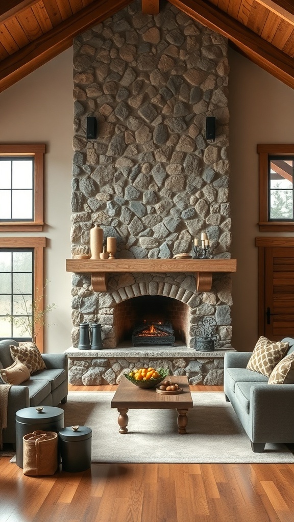A rustic living room featuring a natural stone fireplace with wooden beams and cozy seating.