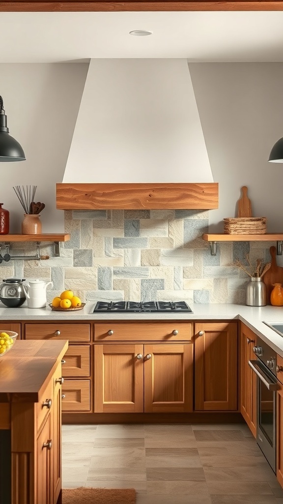A farmhouse kitchen featuring a natural stone backsplash with wooden cabinets and a modern stove.