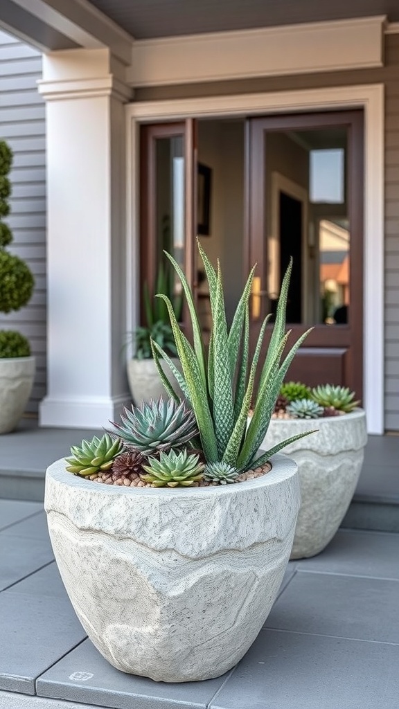Natural stone planters filled with succulents on a front porch