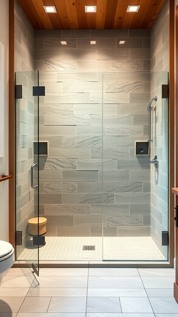 A modern farmhouse master bath featuring a natural stone shower with glass enclosure.