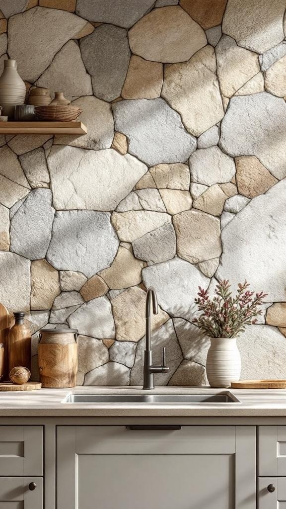 A kitchen splashback made of natural stone with earthy tones and a rustic design.