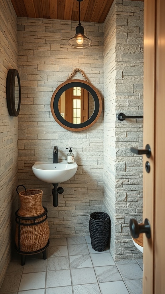 A rustic small bathroom featuring natural stone tiles, a round mirror, and stylish storage baskets.