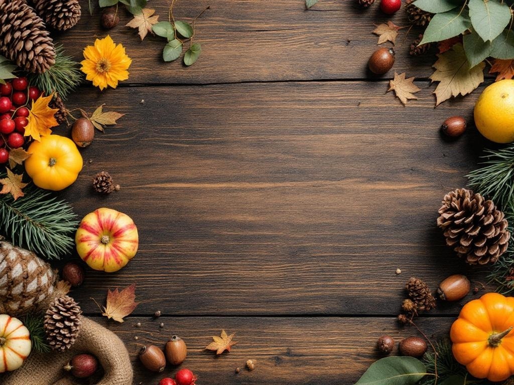 A boho Thanksgiving table setting featuring pumpkins, pinecones, colorful leaves, and natural elements on a wooden surface.