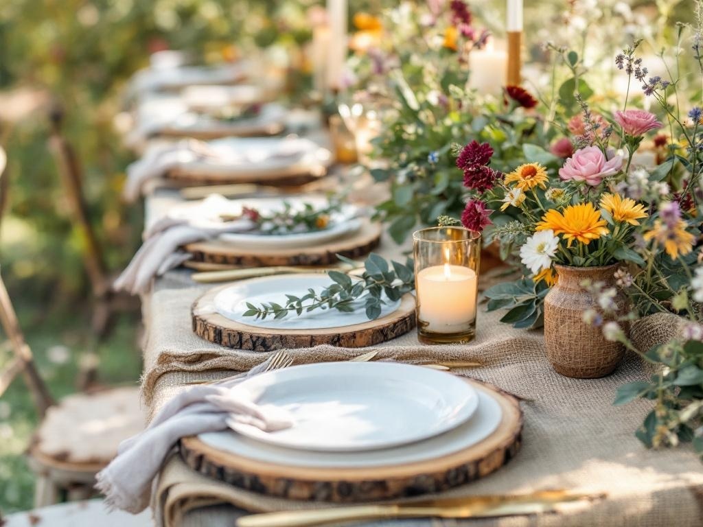 Outdoor Thanksgiving table setting with rustic wooden slices, white plates, greenery, and colorful flowers.