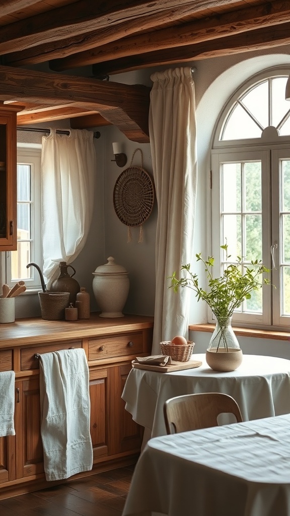 A rustic farmhouse kitchen featuring natural textiles, wooden furniture, and soft curtains.