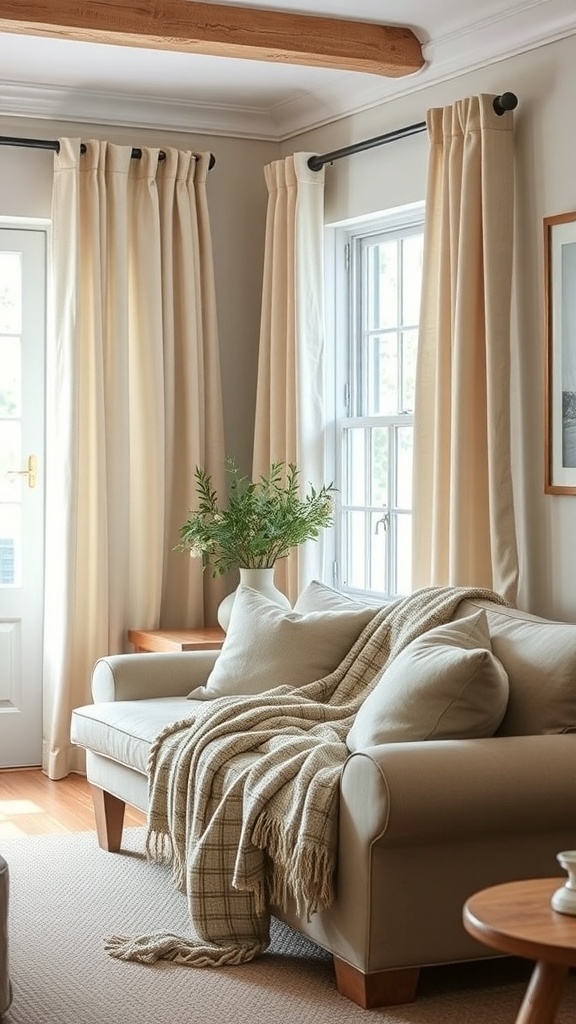 A cozy living room with soft cotton curtains, a wool throw on a couch, and a plant by the window.