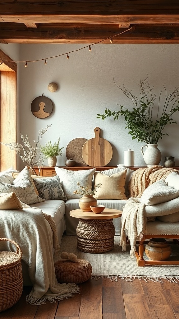 A cozy rustic living room with natural textiles and fabrics.