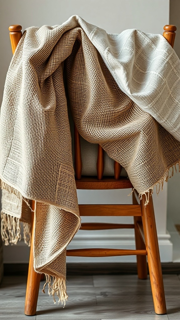 A cozy woven throw draped over a wooden chair.