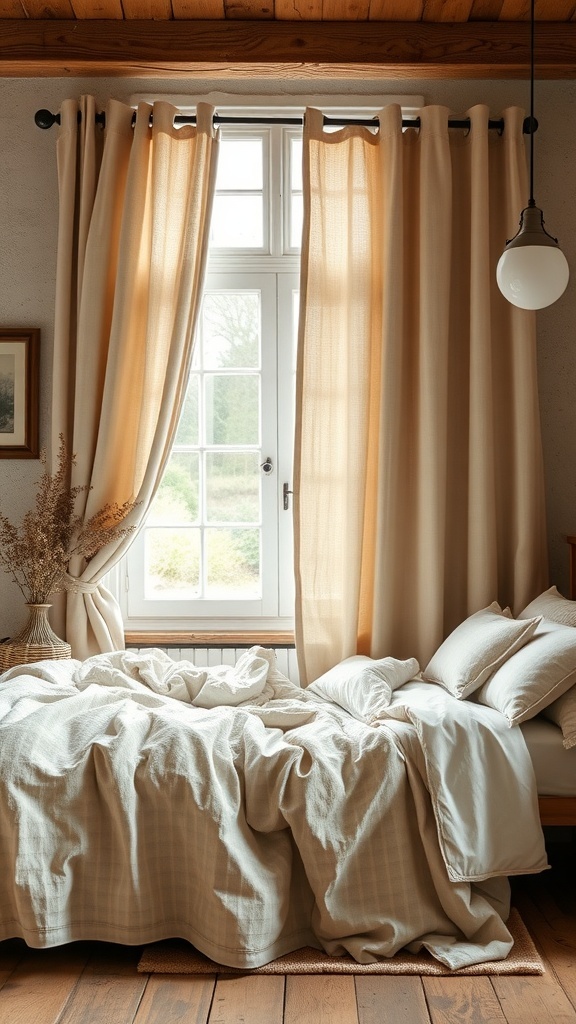 A cozy bedroom with natural textiles, featuring soft linens and curtains in a rustic farmhouse setting.